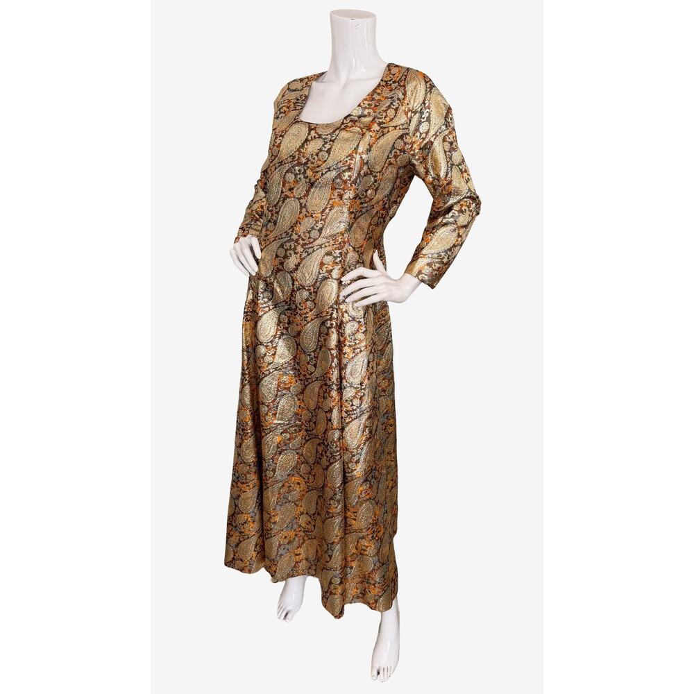 Vintage 60's 70's Metallic Brocade Paisley A-Line Hostess Maxi Dress - Picture 2 of 7